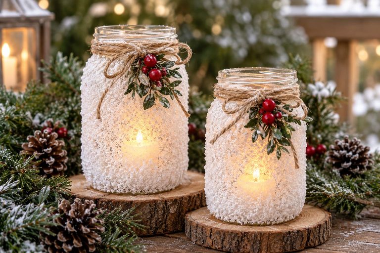 DIY Christmas Snowy Mason Jar Candle Holders