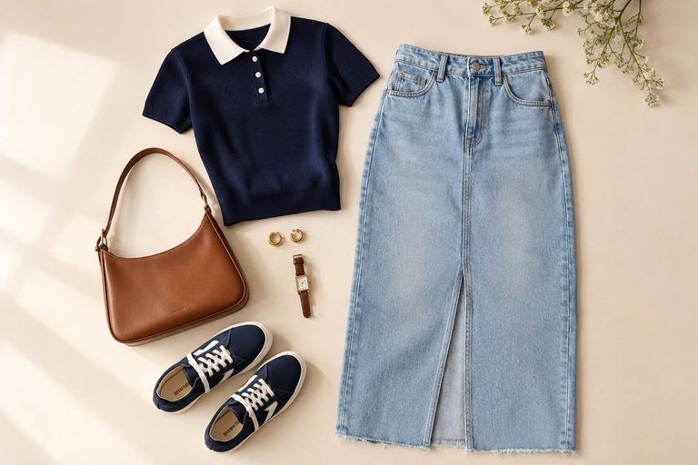 Denim Midi Skirt Outfit Formula: Navy Polo, Sneakers, and a Brown Leather Bag